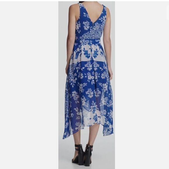 Dkny Women's Blue Mixed Floral Jersey Chiffon V-Neck Midi Wrap Dress Sz-2 - Picture 3 of 13